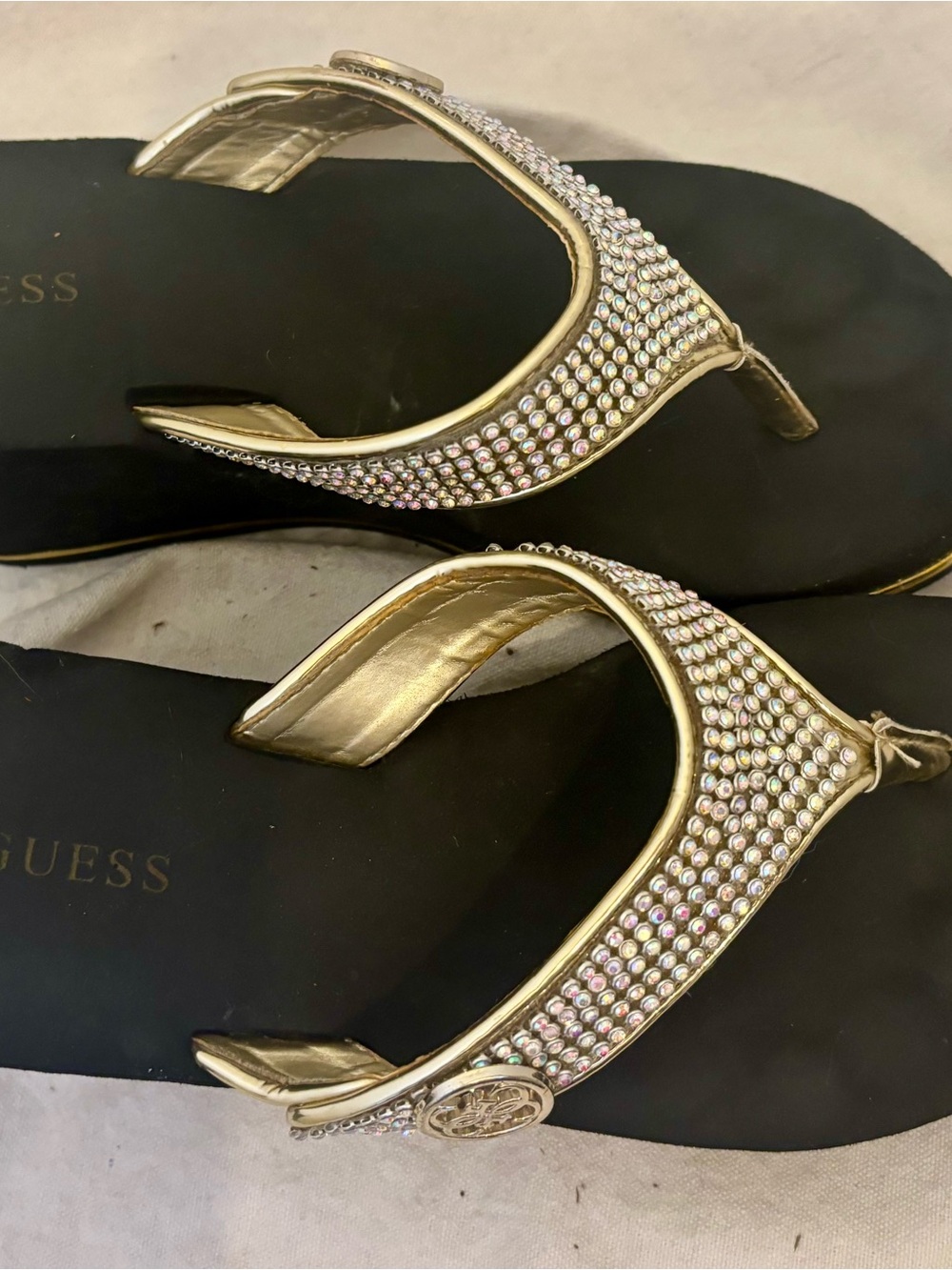 GUESS Gold Crystal-Studded Women's Thong Sandals